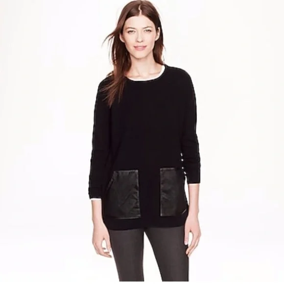 J.Crew 100% Merino Wool Leather Pocket Tunic Sweater Black Longline Style 02624 - Picture 3 of 16